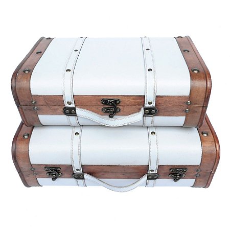CJ  DE MALETAS DE MADEIRA E METAL MARROM E BRANCO  2PCS