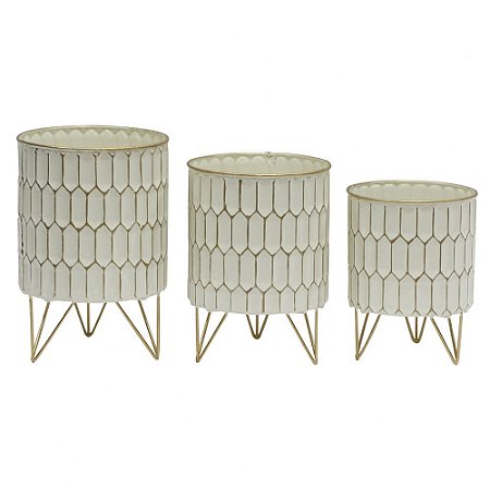 CONJ DE CACHEPOTS DE METAL BRANCO COM BASE DOURADA  3 PECAS