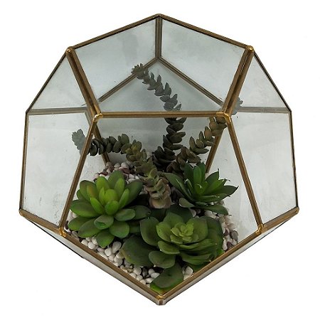 TERRAREO DE VIDRO E METAL DOURADO E FLORES DECORATIVAS
