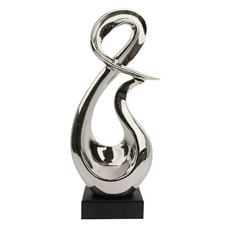 PECA DECORATIVA DE CERAMICA PRATA COM BASE DE MADEIRA