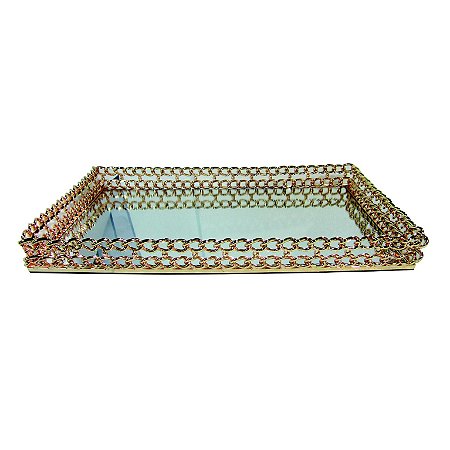 BANDEJA DECORATIVA DE VIDRO E METAL DOURADA