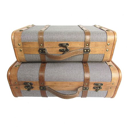 CJ  DE MALETAS DE MADEIRA E METAL MARROM E CINZA  2PCS