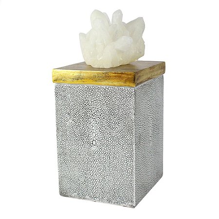 POTE COM TAMPA E PEDRA EM RESINA BRANCO E DOURADO 13CM X 13C