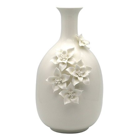 VASO DE CERAMICA BRANCO COM FLORES APLICADAS 3D 20,2CM X 18,