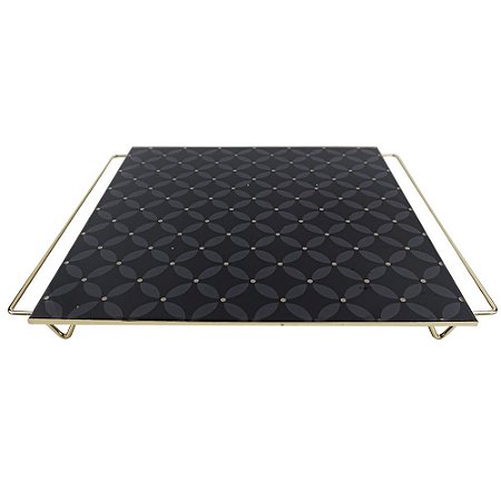BANDEJA DECORATIVA DE METAL E VIDRO PRETO E DOURADO
