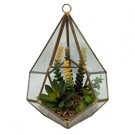 TERRAREO DE VIDRO E METAL DOURADO E FLORES DECORATIVAS