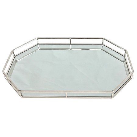 BANDEJA COM ESPELHO E METAL PRATA 51CM X 32CM X 5CM
