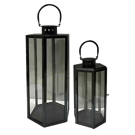 CJ. DE LANTERNAS DE VIDRO E METAL PRETO - 2PS