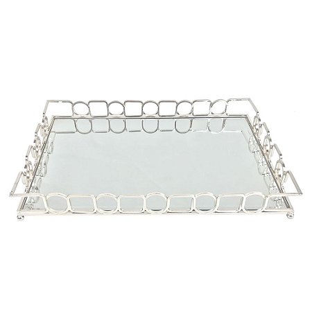 BANDEJA COM ESPELHO E METAL PRATA 45CM X 30CM X 5CM