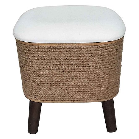 BANQUETA DE MADEIRA, CORDA E ASSENTO DE TECIDO BRANCO