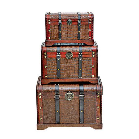 CJ. DE BAUS DE MADEIRA E COURO- 3 PCS