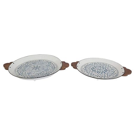 CONJ. DE BANDEJAS EM METAL E MADEIRA BRANCO, AZUL E MARROM