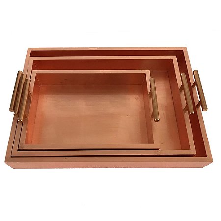 CONJ. DE TRES BANDEJAS DE MANDEIRA COBRE  3 PCS G  47CM X 9,