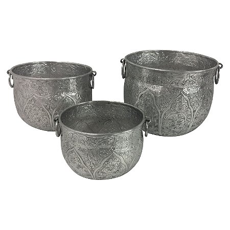 CJ. DE CACHEPOTS - 3 PCS EM ALUMINIO PRATEADO G 25,4CM | M