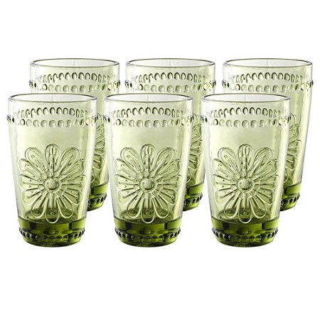 JOGO DE 6 COPOS WOODSTOCK EM VIDRO 355ML A13CM COR VERDE