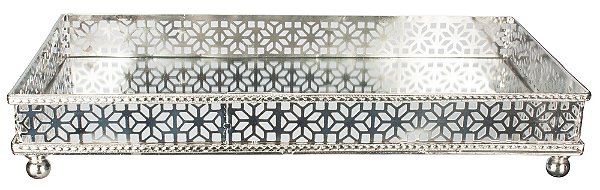 BANDEJA FLOWER RETANGULAR EM METAL NIQUELADO ESPELHADA 38X21.5X7CM