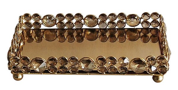 BANDEJA CHAMPANHE RETANGULAR EM METAL E VIDRO ESPELHADA 26X15X5CM