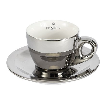 JOGO DE 12 PECAS PARA CAFE CHROMINNO EM NEW BONE CHINA 80ML COR PRATA E BRANCO