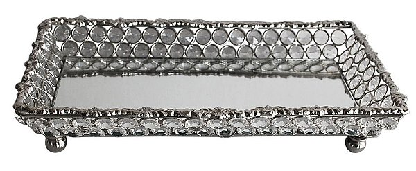 BANDEJA CLEAR RETANGULAR EM METAL E VIDRO ESPELHADA 30X18X6CM