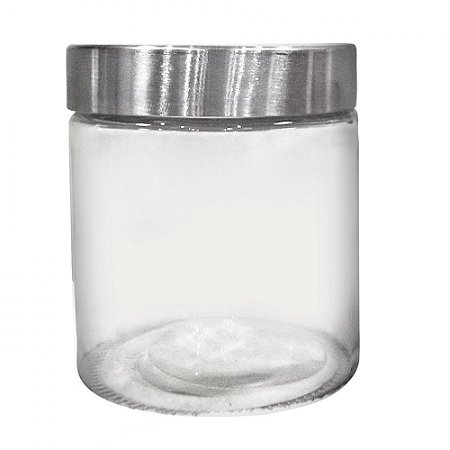 PORTA MANTIMENTO REDONDO EM VIDRO LISO COM TAMPA DE METAL COR PRATA 880ML D11XA12CM