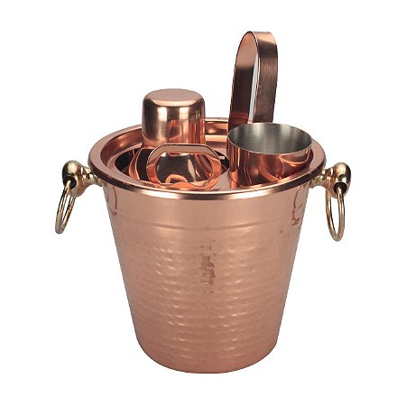 JOGO DE 5 PECAS PARA BAR MARTELADO EM ACO INOX D14X13,5CM COR COBRE