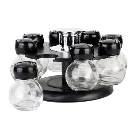 JG 8 PORTA CONDIMENTOS VIDRO TAMPA SUPORTE PLÁSTICO 19X12CM