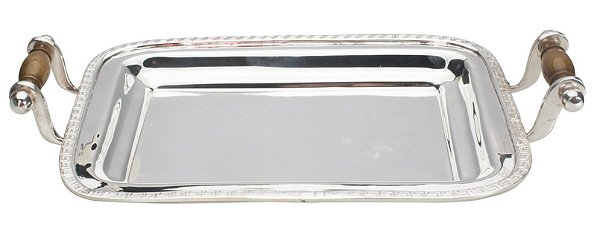 BANDEJA DELHI RETANGULAR EM LATÃO PRATEADO COM ALÇA 21X16CM