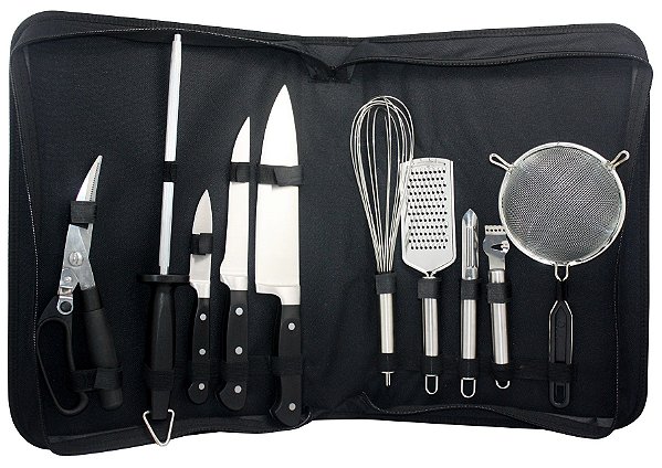 JG DE 10 PEÇAS PARA CHURRASCO EM INOX COM BOLSA DE NYLON