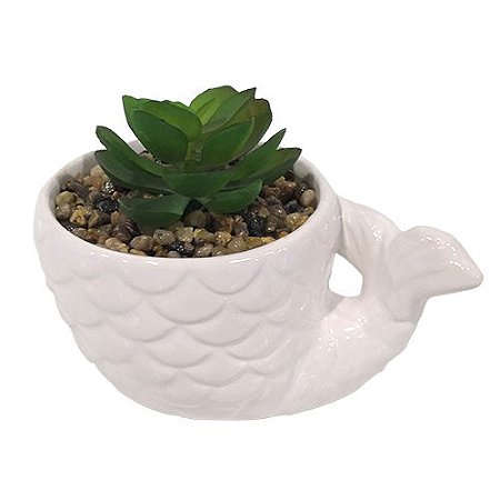VASO SUCULENTA BALEIA CERAMICA PLASTICO 13X9X9CM COR BRANCA