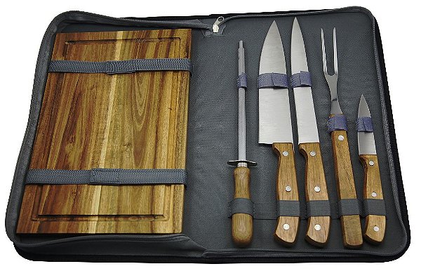 JG DE 6 PEÇAS PARA CHURRASCO EM INOX COM CABO DE MADEIRA