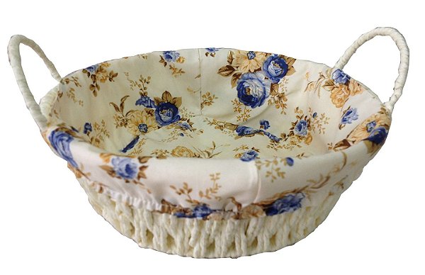 CESTA PARA PÃES REDONDA EM FIBRA NATURAL COM TECIDO 24.5X7.5CM AZUL