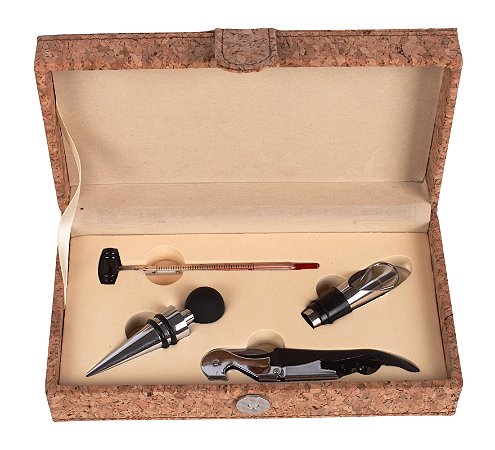 ESTOJO PARA VINHO EM CORTIÇA COM 4 ACESSÓRIOS