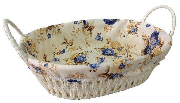 CESTA PARA PAES OVAL EM FIBRA NATURAL COM TECIDO FLORAL AZUL L27XP21XA8CM