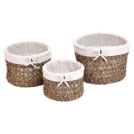 JG 3 CESTAS FIBRA NATURAL TECIDO ALGODAO 30X20/25X16/20X13CM