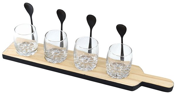 JG 4 COPOS SERVIR EM MADEIRA COM COLHER E BASE 38X7,5X7CM