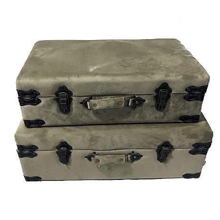 CJ 2 BAUS MADEIRA COURO ECOLOGICO 61X37X23/54X31X17CM CINZA