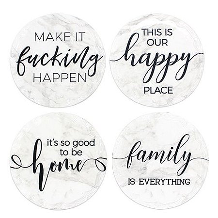 JOGO DE 4 PORTA COPOS FRASES EM CERAMICA D10,8CM
