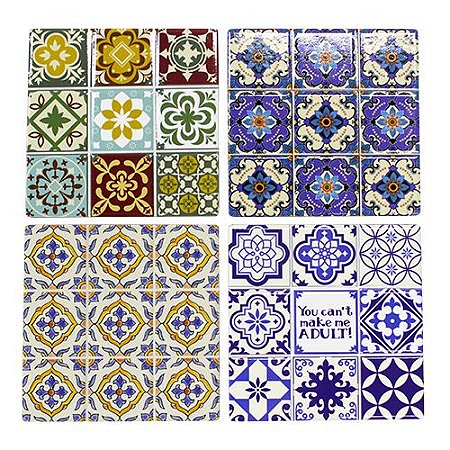 JOGO DE 4 PORTA COPOS AZULEJO EM CERAMICA L10,8XA10,8CM