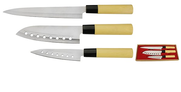 JG 3 FACAS PARA SUSHI EM INOX COM CABO E CAIXA DE MADEIRA