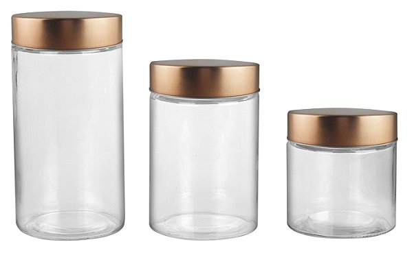 JG 3 PORTA MANTIMENTOS REDONDO VIDRO C/TAMPA COR DE COBRE