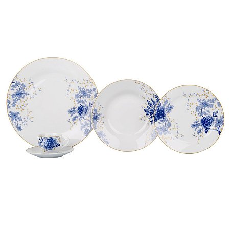 APARELHO JANTAR 30 PECAS FIORE BLU EM PORCELANA SUPER WHITE