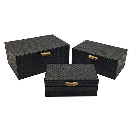 CJ. DE CAIXAS DE MADEIRA PRETO COM PUXADOR DE BAMBU - 3PCS