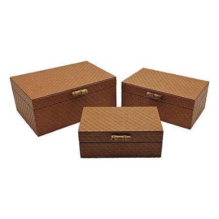 CJ. DE CAIXAS DE MADEIRA MARROM COM PUXADOR DE BAMBU - 3PCS