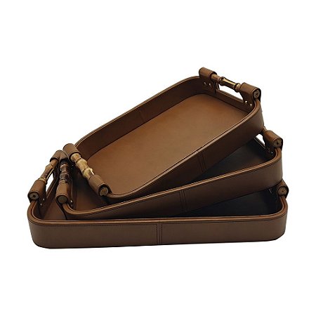 CJ. DE BANDEJAS ESTILO COURO MARROM COM ALCA DE BAMBU - 3PCS