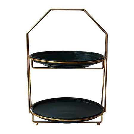 BANDEJA DE DOIS ANDARES DE METAL DOURADO E CERAMICA VERDE
