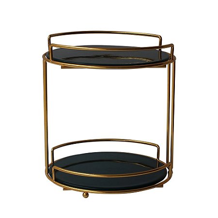 BANDEJA DE DOIS ANDARES DE METAL DOURADO E CERAMICA VERDE