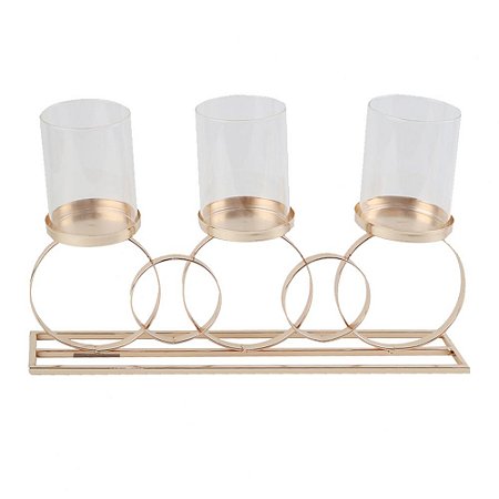 CASTIÇAL EM METAL E VIDRO DOURADO PARA 3 VELAS