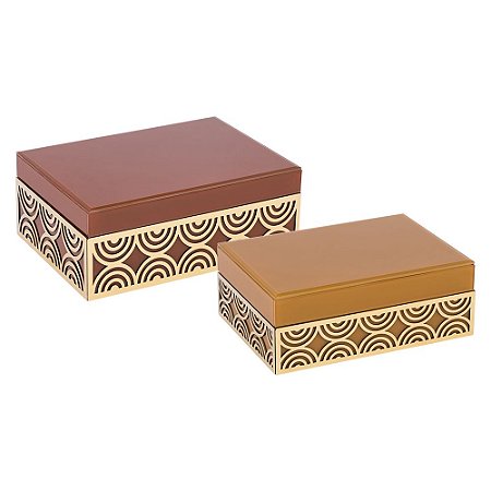 CJ. DE CAIXAS DE MADEIRA E VIDRO MARROM E MOSTARDA COM DETAL