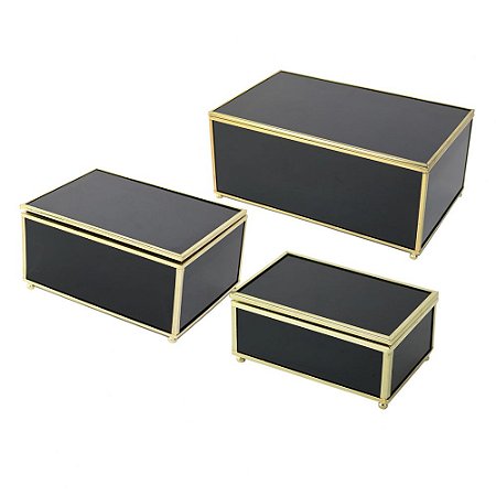 CONJ  DE CAIXAS PRETO E DOURADO DE VIDRO  3PCS