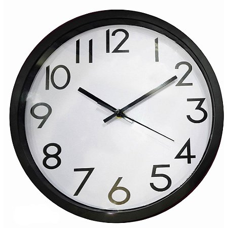 RELOGIO DE PAREDE DE PLASTICO PRETO E BRANCO 25CM X 4CM